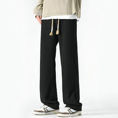 Men Straight-Leg Pants with Adjustable Waistband and Textured Ribbed Design