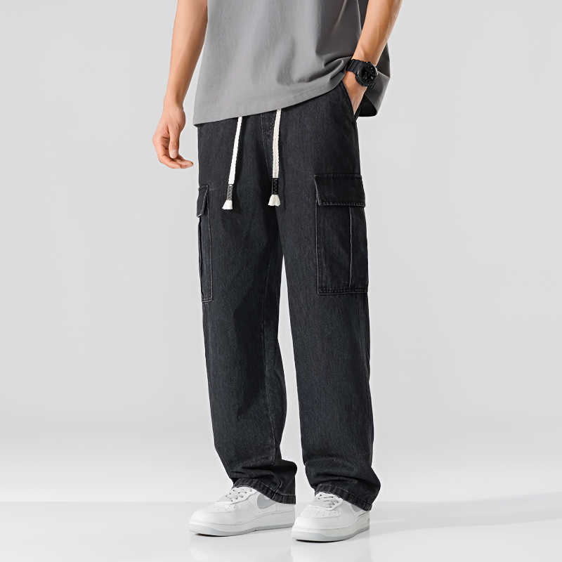 Men's Relaxed-Fit Straight-Leg Cargo Jeans with Stretch Fabric and Adjustable Waist