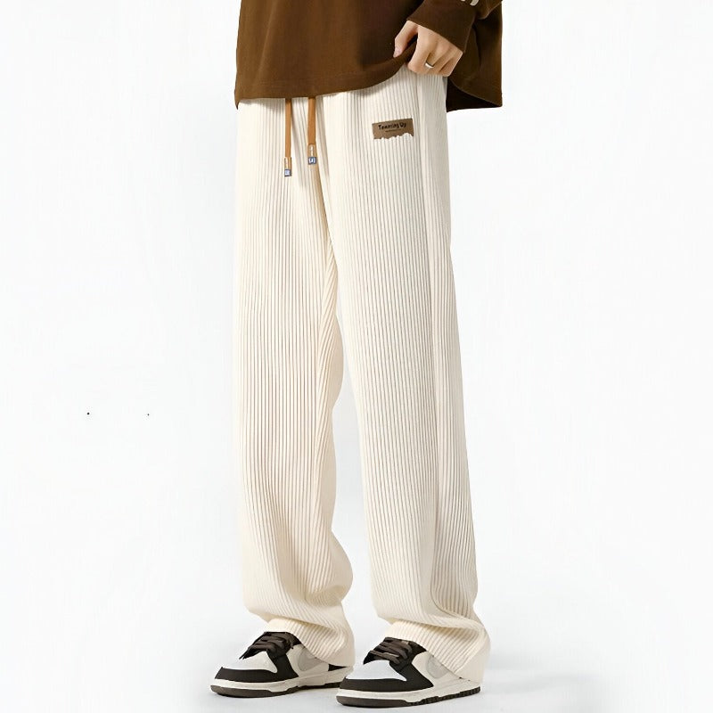 Men Ribbed Pants with Elastic Drawstring Waist and Side Pockets