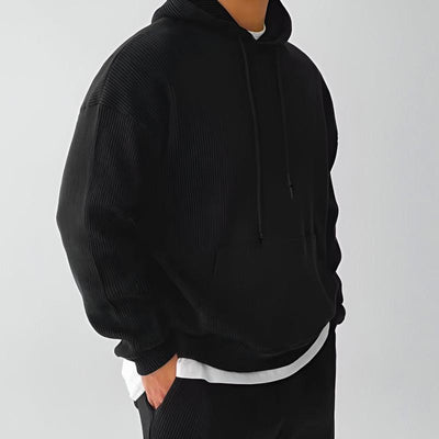 Men's Ribbed Cotton Hoodie with Oversized Hood and Kangaroo Pocket