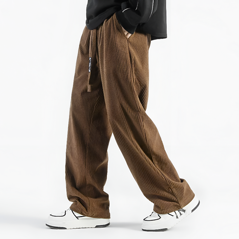Men Corduroy Pants with Drawstring Waistband and Straight Leg Fit