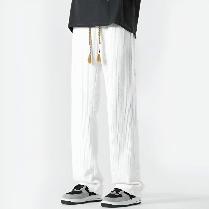 Men Straight-Leg Pants with Adjustable Waistband and Textured Ribbed Design