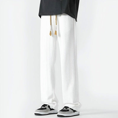 Men Straight-Leg Pants with Adjustable Waistband and Textured Ribbed Design
