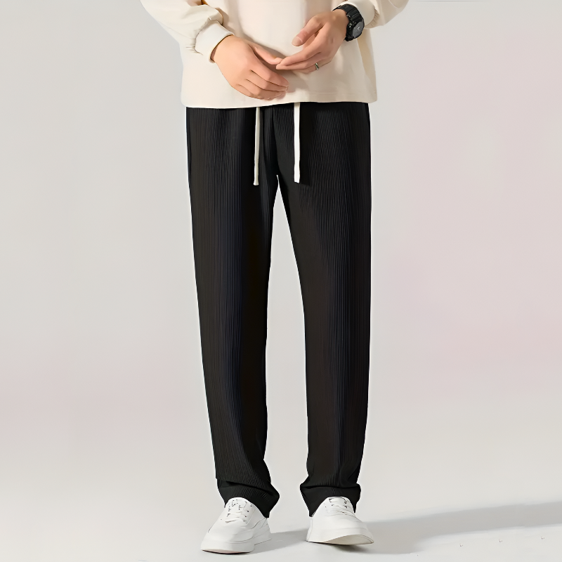 Men Ribbed Pants Straight Leg Drawstring Waistband Pull-On Design