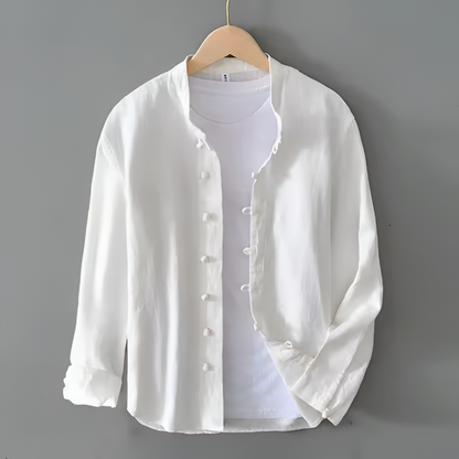 Men’s Slim Fit Shirt with Fabric-Covered Buttons and Garment-Wash Finish