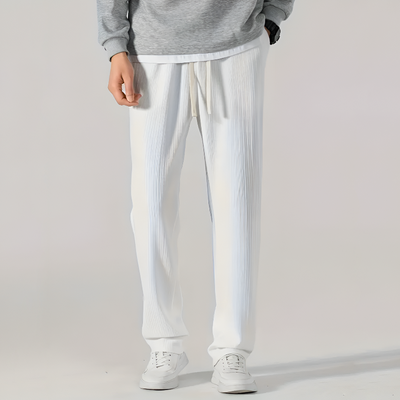 Men Ribbed Pants Straight Leg Drawstring Waistband Pull-On Design