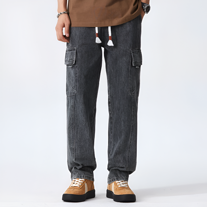 Men's Relaxed-Fit Straight-Leg Cargo Jeans with Stretch Fabric and Adjustable Waist
