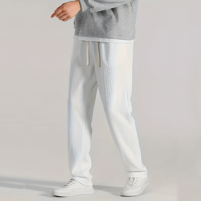 Men Ribbed Pants Straight Leg Drawstring Waistband Pull-On Design