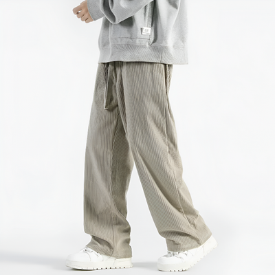 Men Corduroy Pants with Drawstring Waistband and Straight Leg Fit