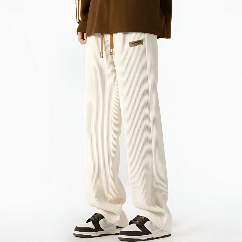 Men Ribbed Pants with Elastic Drawstring Waist and Side Pockets