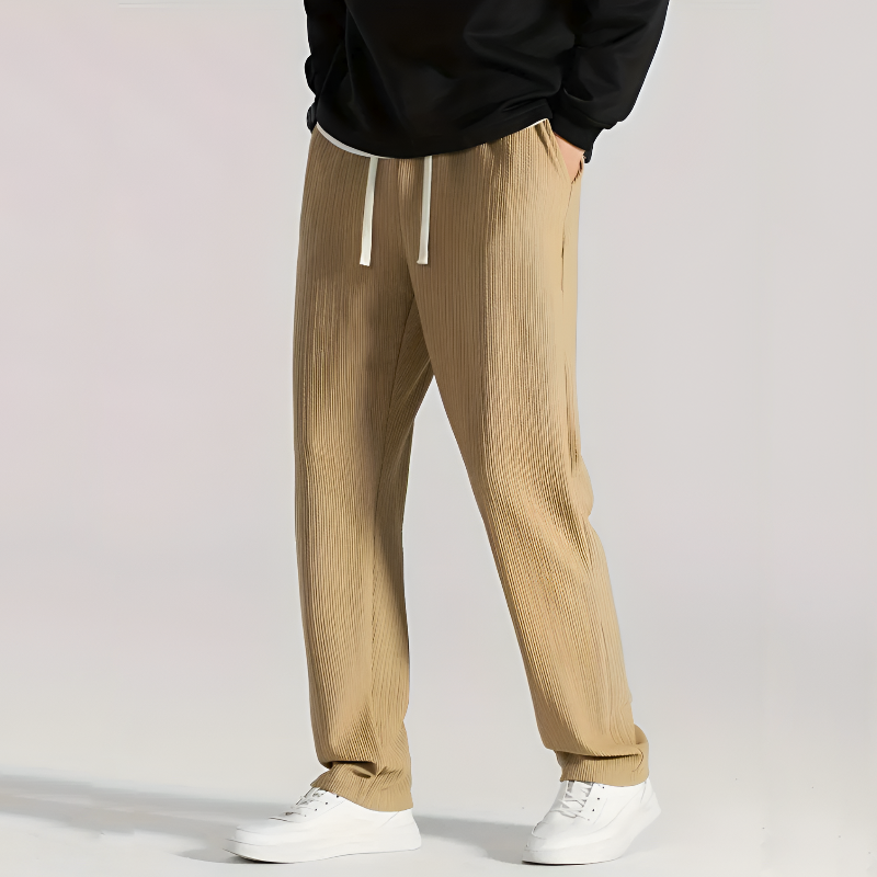 Men Ribbed Pants Straight Leg Drawstring Waistband Pull-On Design
