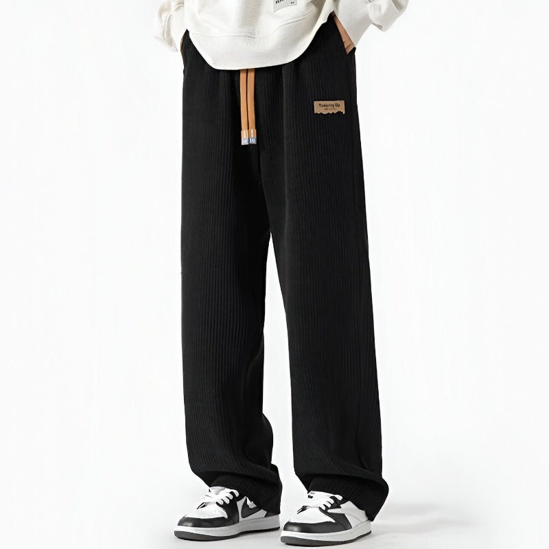 Men Ribbed Pants with Elastic Drawstring Waist and Side Pockets