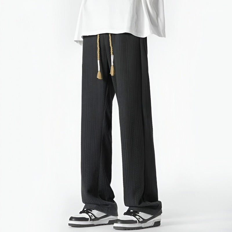 Men Straight-Leg Pants with Adjustable Waistband and Textured Ribbed Design