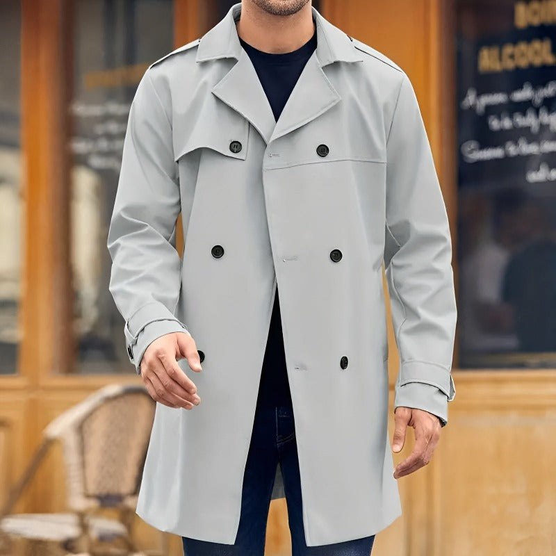 Men's Spring Trench Coat with Water-Resistant Shell and Multiple Pockets