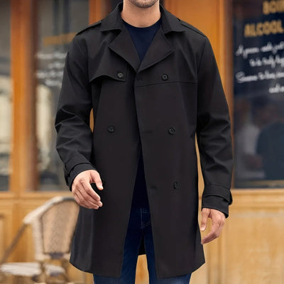 Men's Spring Trench Coat with Water-Resistant Shell and Multiple Pockets