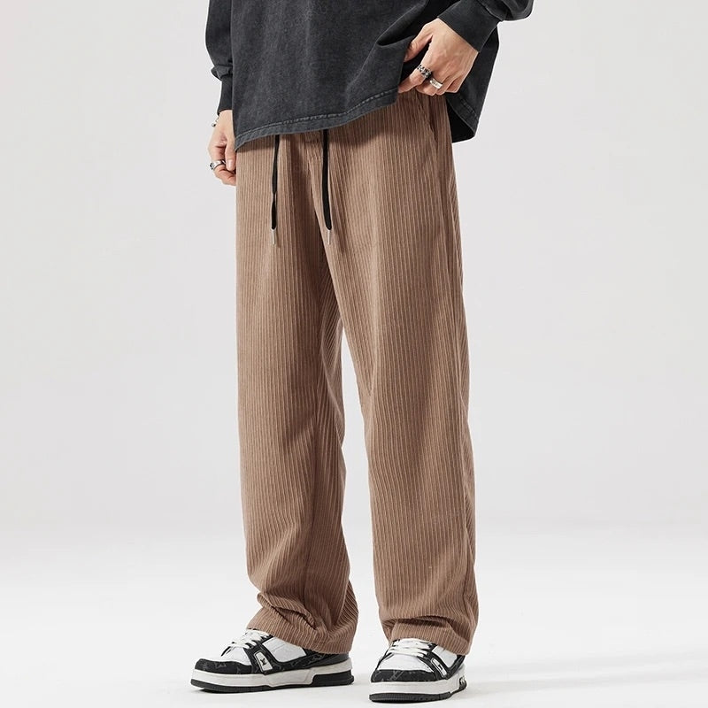 Men's Wide-Leg Corduroy Trousers with Drawstring Waist